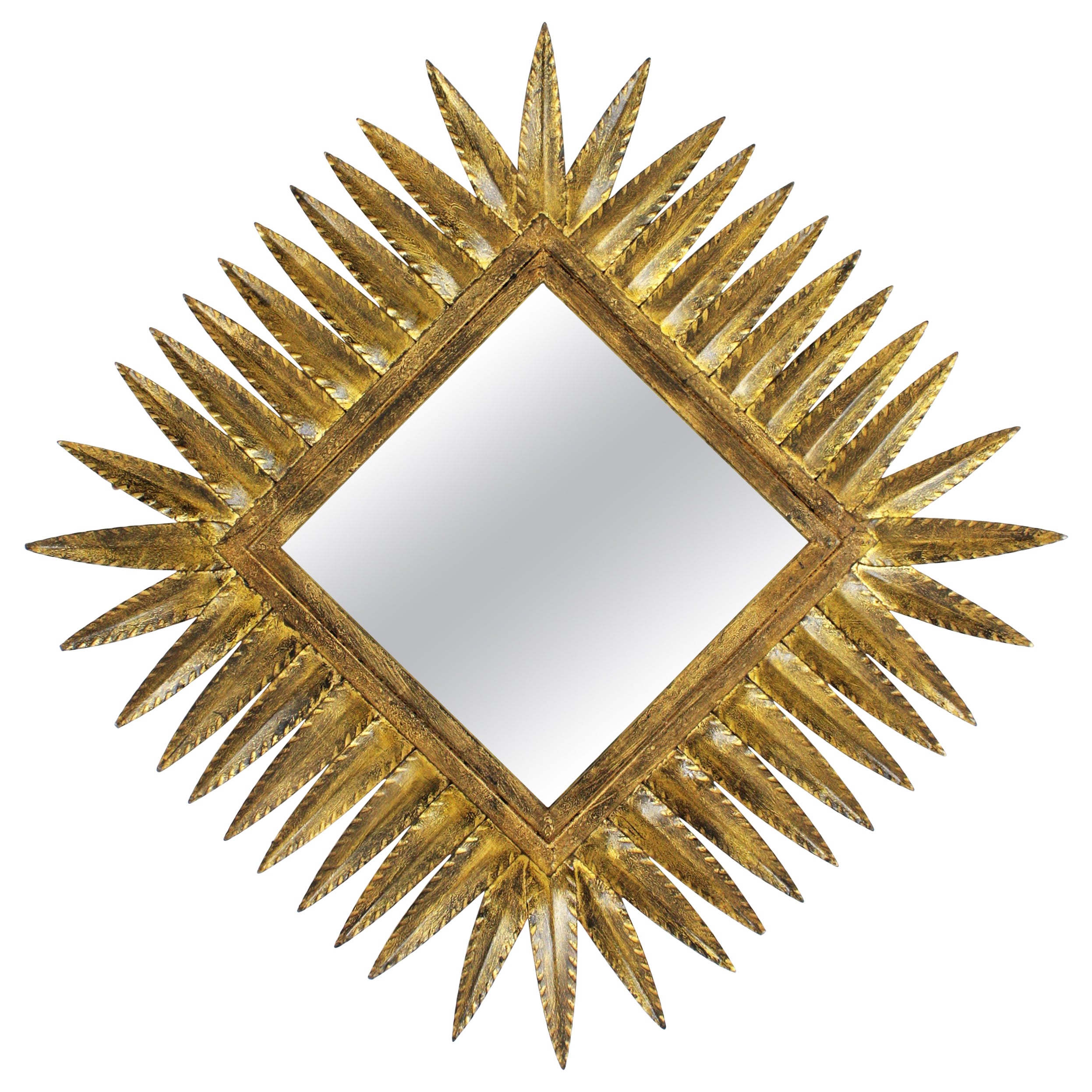 Sunburst Rhombus Mirror, Gilt Wrought Iron, 1950s