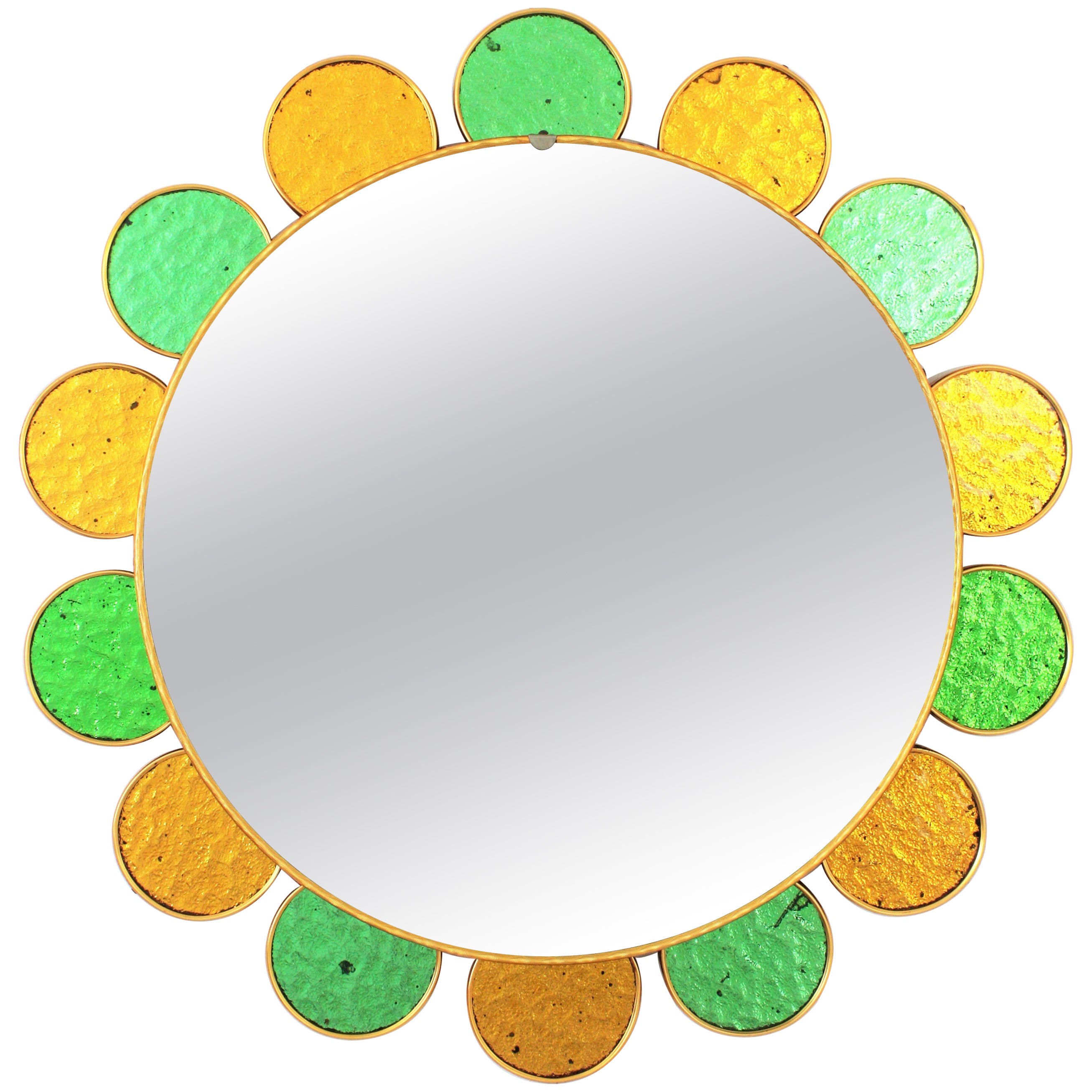 Spanish Flower Sunburst Mirror, Green and Golden Glass Petals Frame For Sale