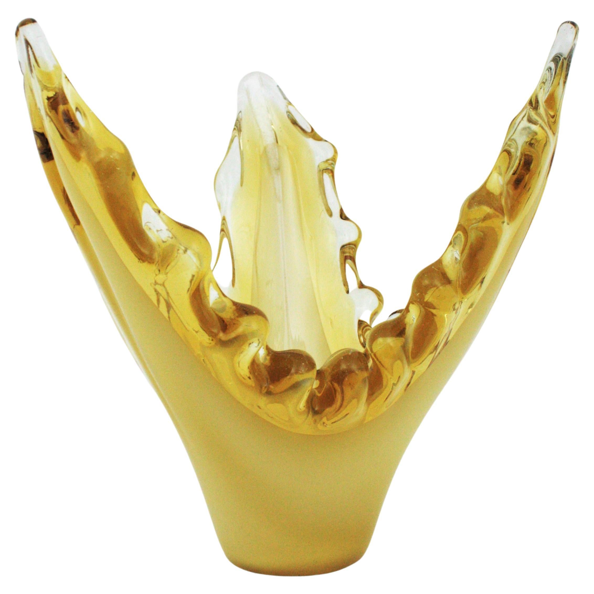Murano Sommerso Yellow Clear Art Glass Scalloped Centerpiece Vase 