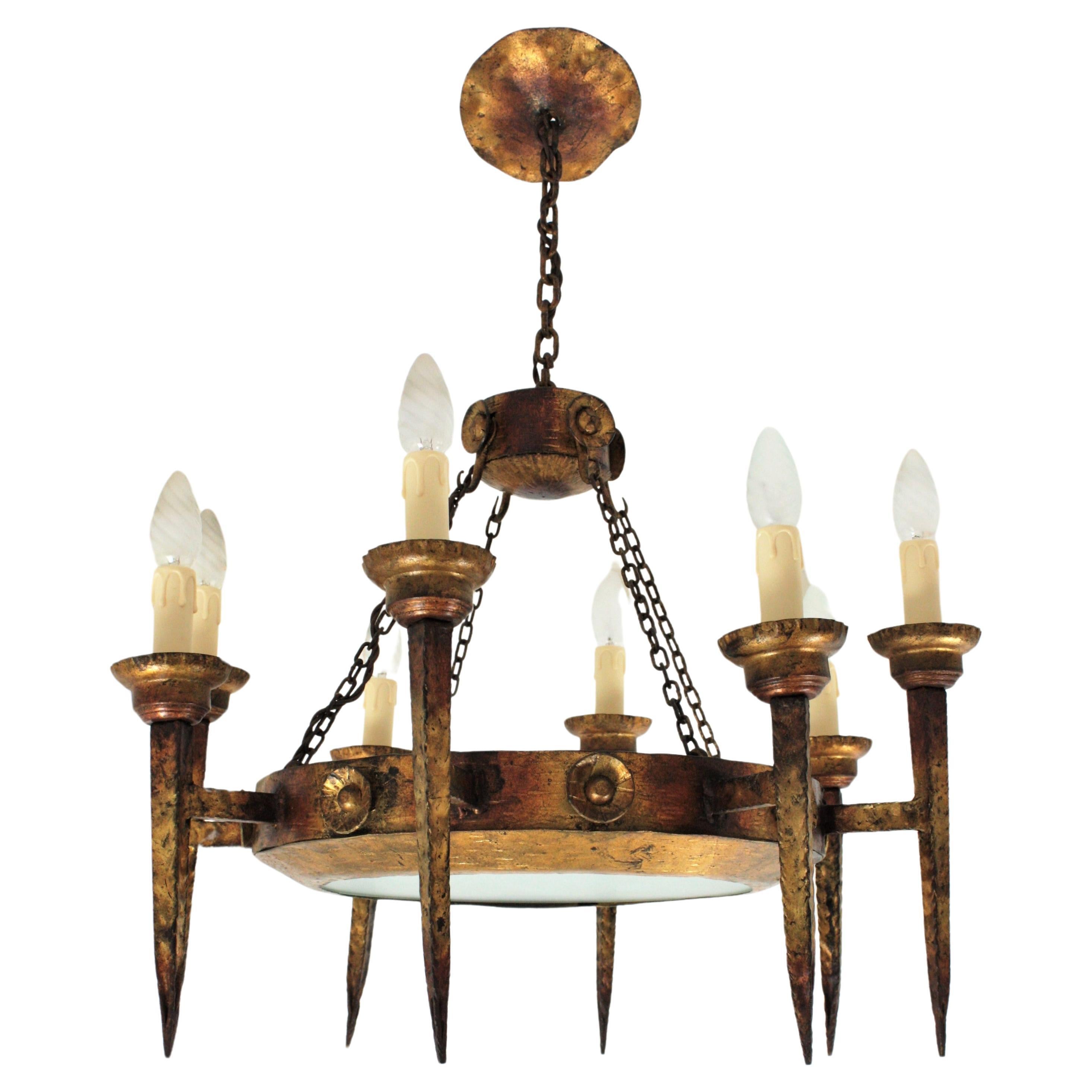 Spanish Gothic Revival Ring Torch Chandelier, Gilt Wrought Iron