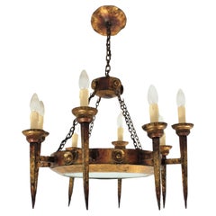 Antique Spanish Gothic Revival Ring Torch Chandelier, Gilt Wrought Iron