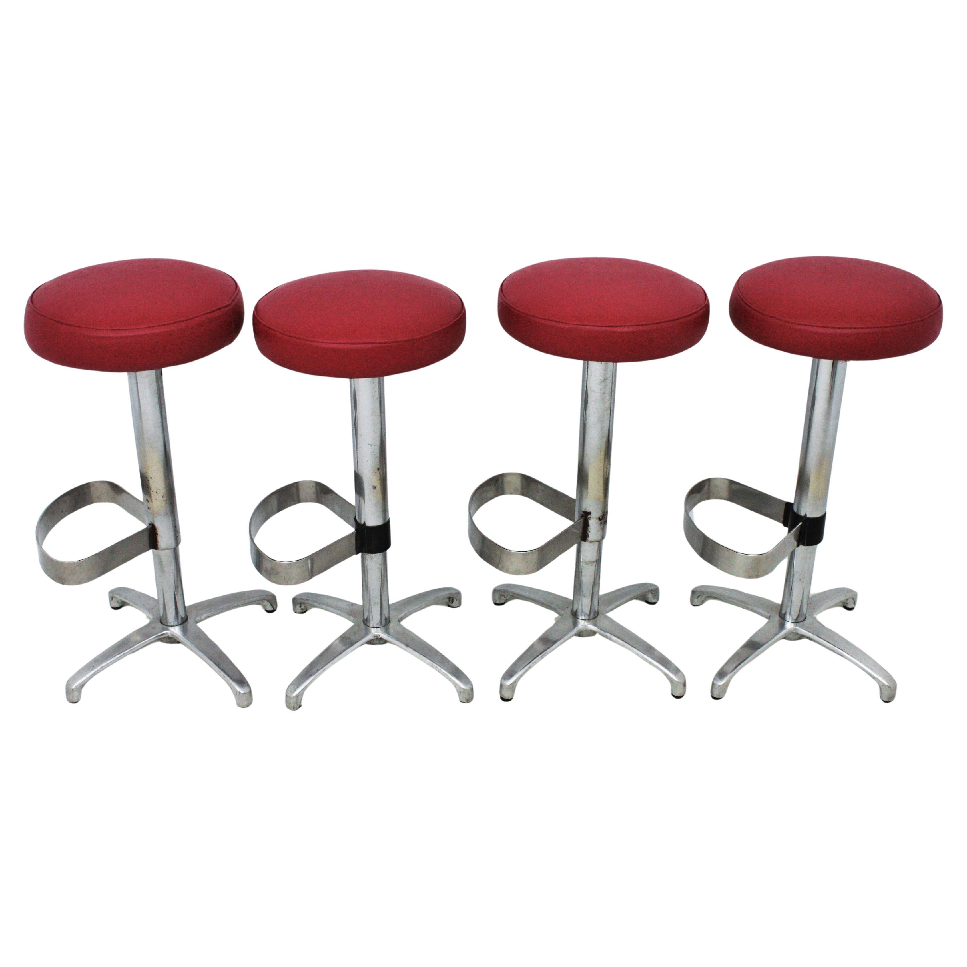 Four Midcentury Bar Stools in Metal Upholstered in Red Leatherette