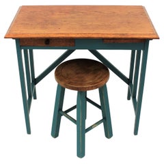 oak industrial desk Set of Desk and Stool in Oak with Green Blue Patina, Spain 1930s