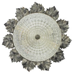 Vintage Sunburst Silver Patinated Iron and Glass Flush Mount Light, Leaves Design