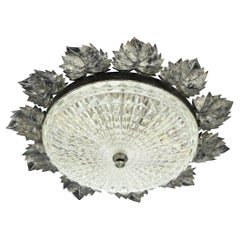Sunburst Leaves Design Ceiling Light Fixture , Patinated Iron and Glass