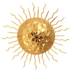 Luminaire brutaliste Sunburst en fer doré avec motif de fleur