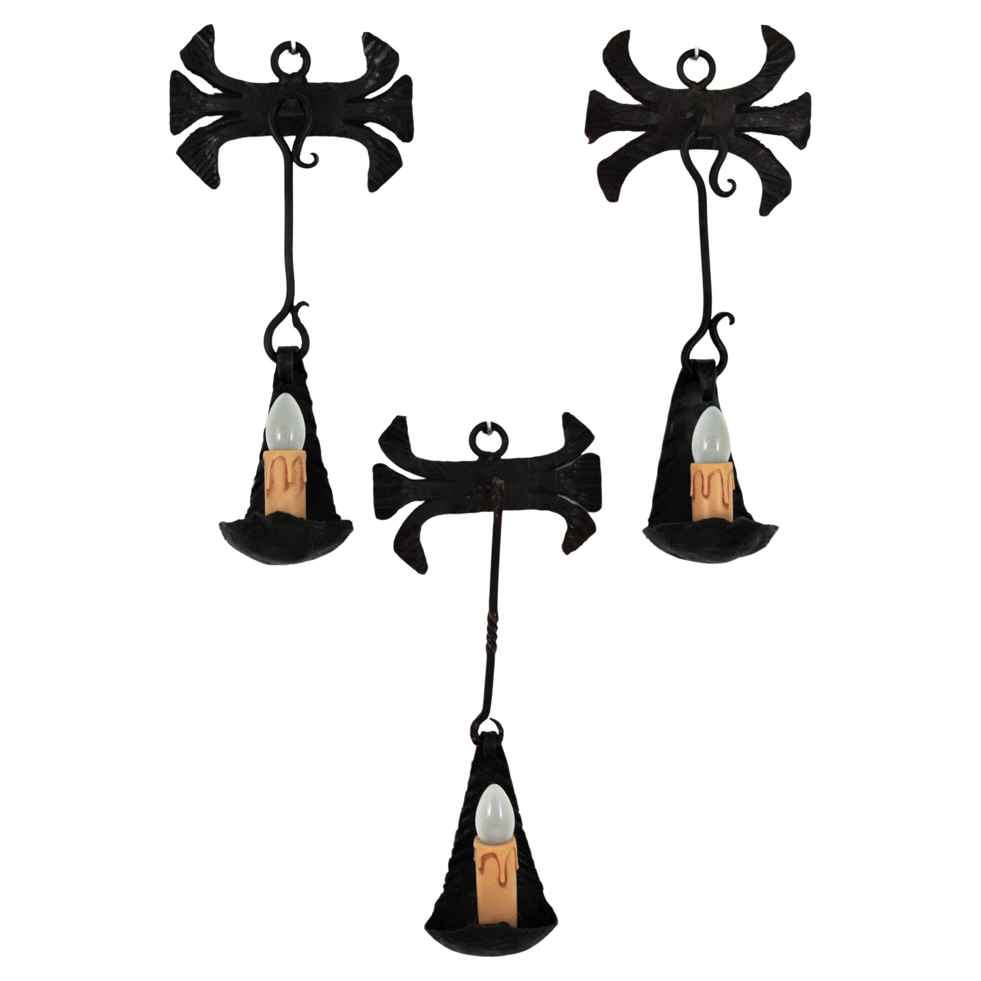 Spanish Gothic Revival Wall Lights in Hand-Forged Iron For Sale