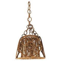 Retro French Modernist Rattan Pendant Hanging Lamp with Circle Decorations