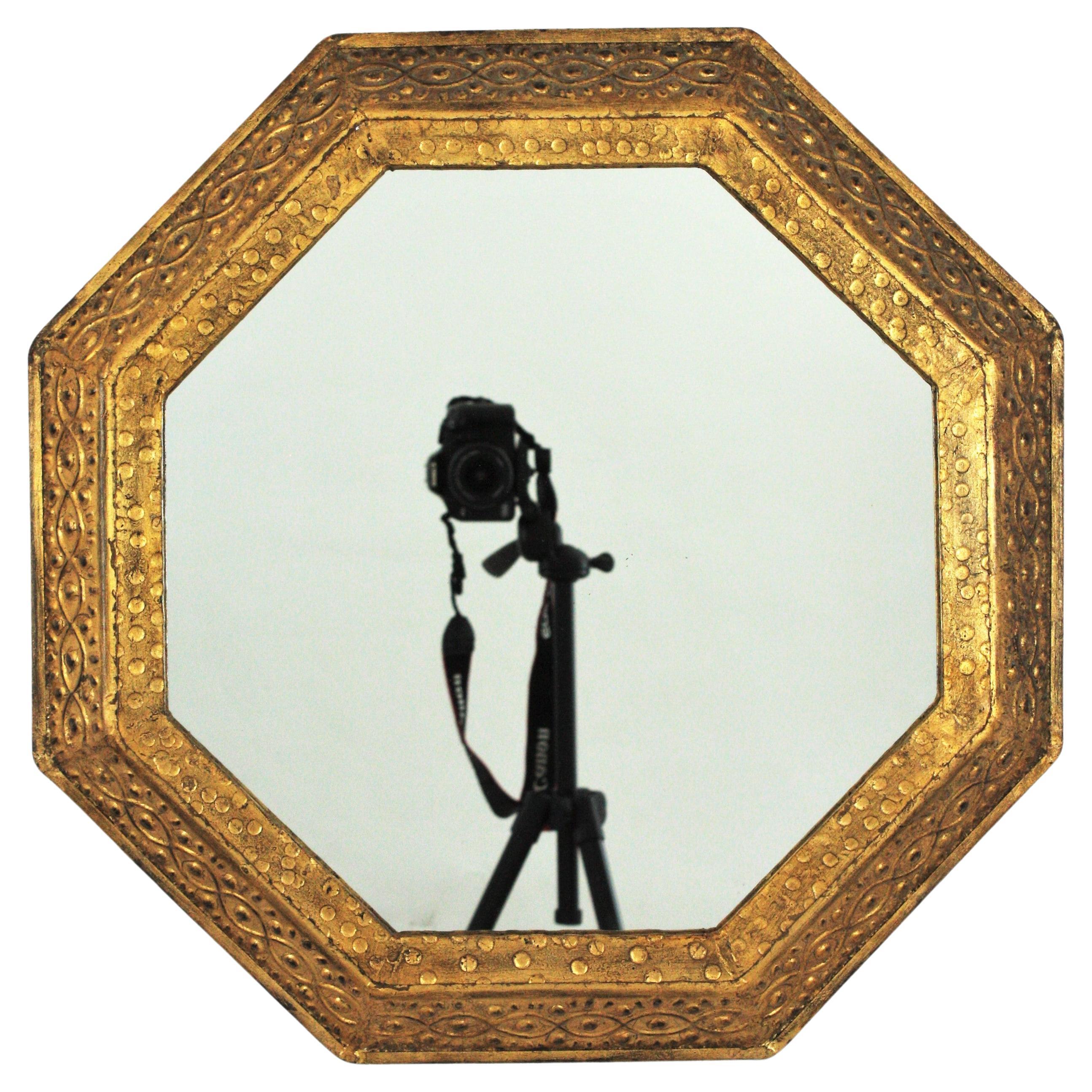 Spanish Octagonal Mirror in Repousse Gilt Iron by Ferro Art, 1950s For Sale