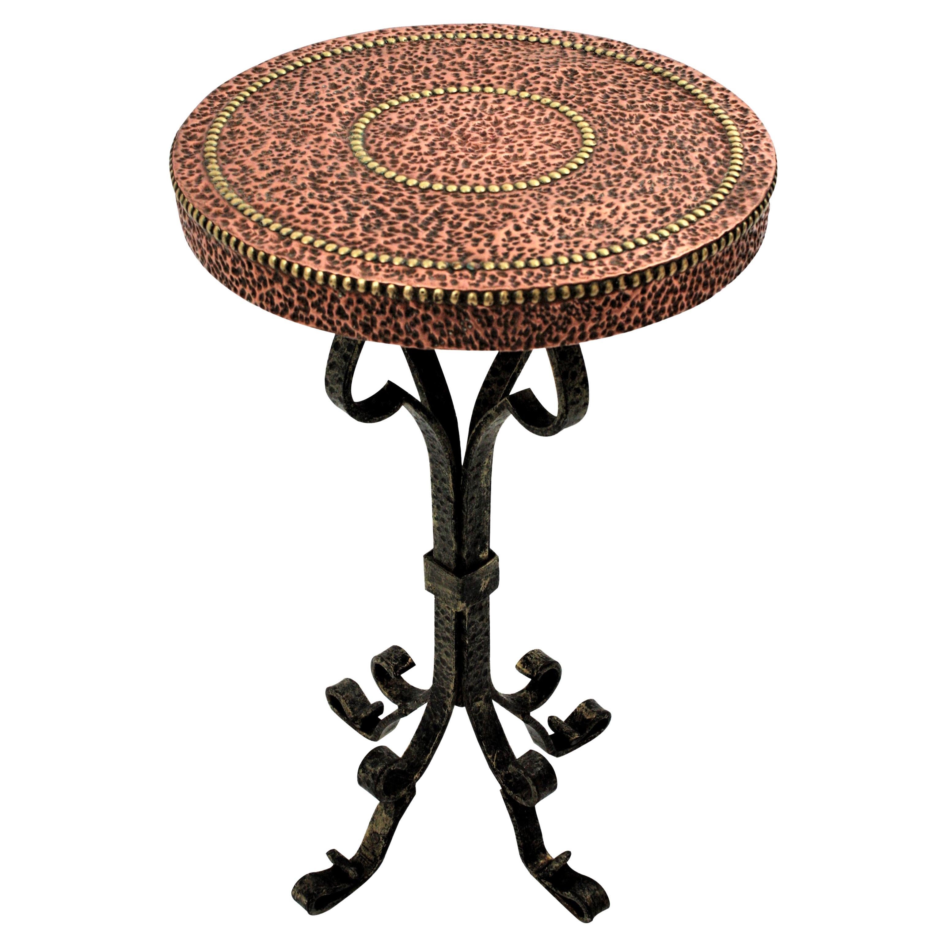 Spanish Drinks Table, Gueridon or Side Table in Wrought Iron and Copper For Sale