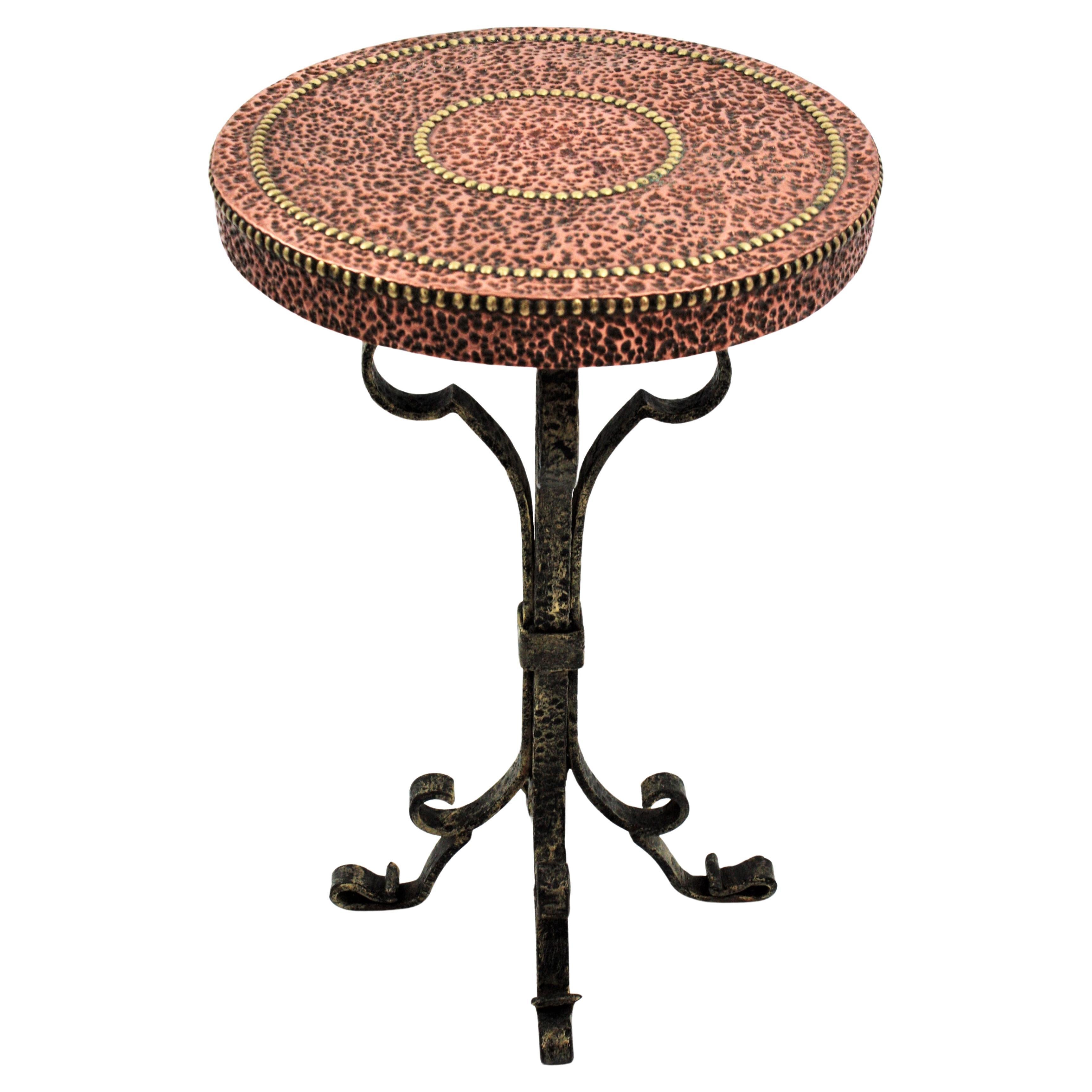 Spanish Drinks Table, Gueridon or Side Table in Wrought Iron and Copper For Sale