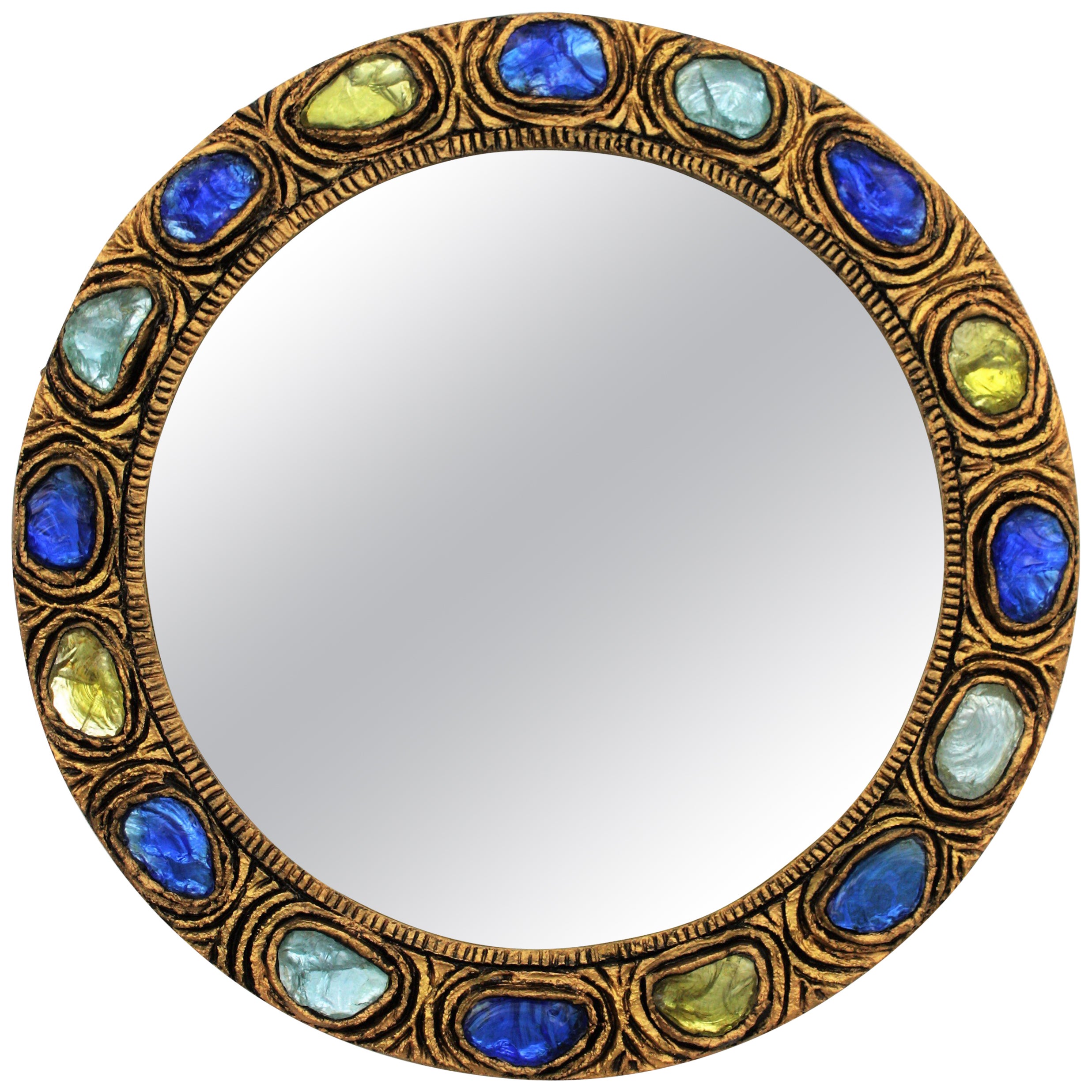 Round Wall Mirror with Blue, Yellow and Turquoise Rock Crystals