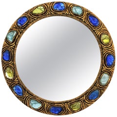 Round Wall Mirror with Blue, Yellow and Turquoise Rock Crystals
