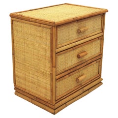 Spanish Three-Drawer Chest, End Table or nightstand in Rattan and Bamboo, 1970s