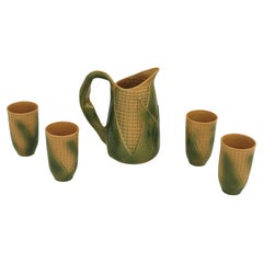 Set of Glazed Ceramic Corn on the Cob Glasses and Pitcher, France, 1960s