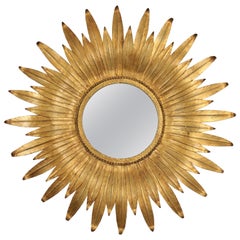 Spanish Sunburst Leafed Mirror in Gilt Metal