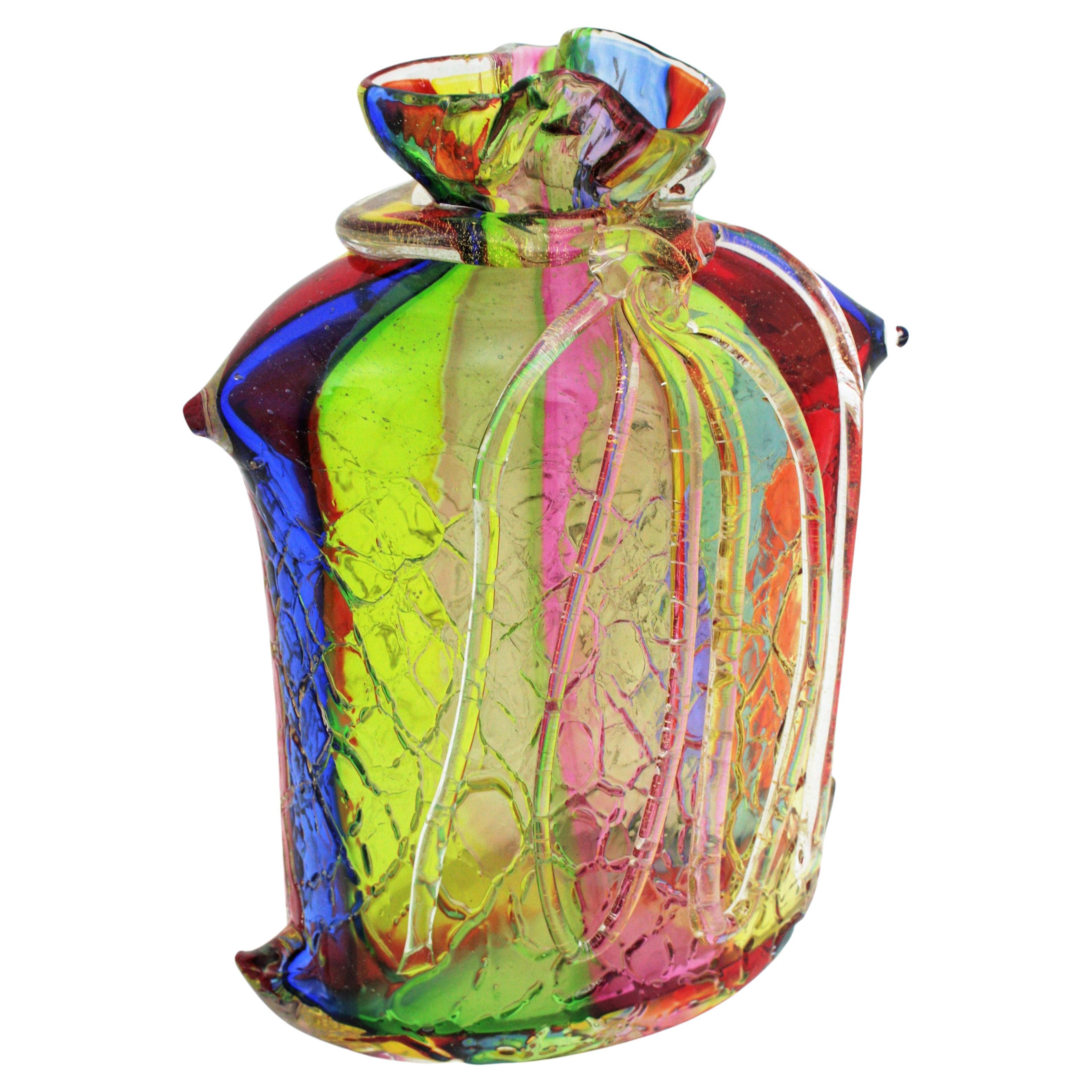 Fratelli Toso Murano Rainbow Stripes Ribbon Glass Vase with Gold Flecks In Excellent Condition For Sale In Barcelona, ES