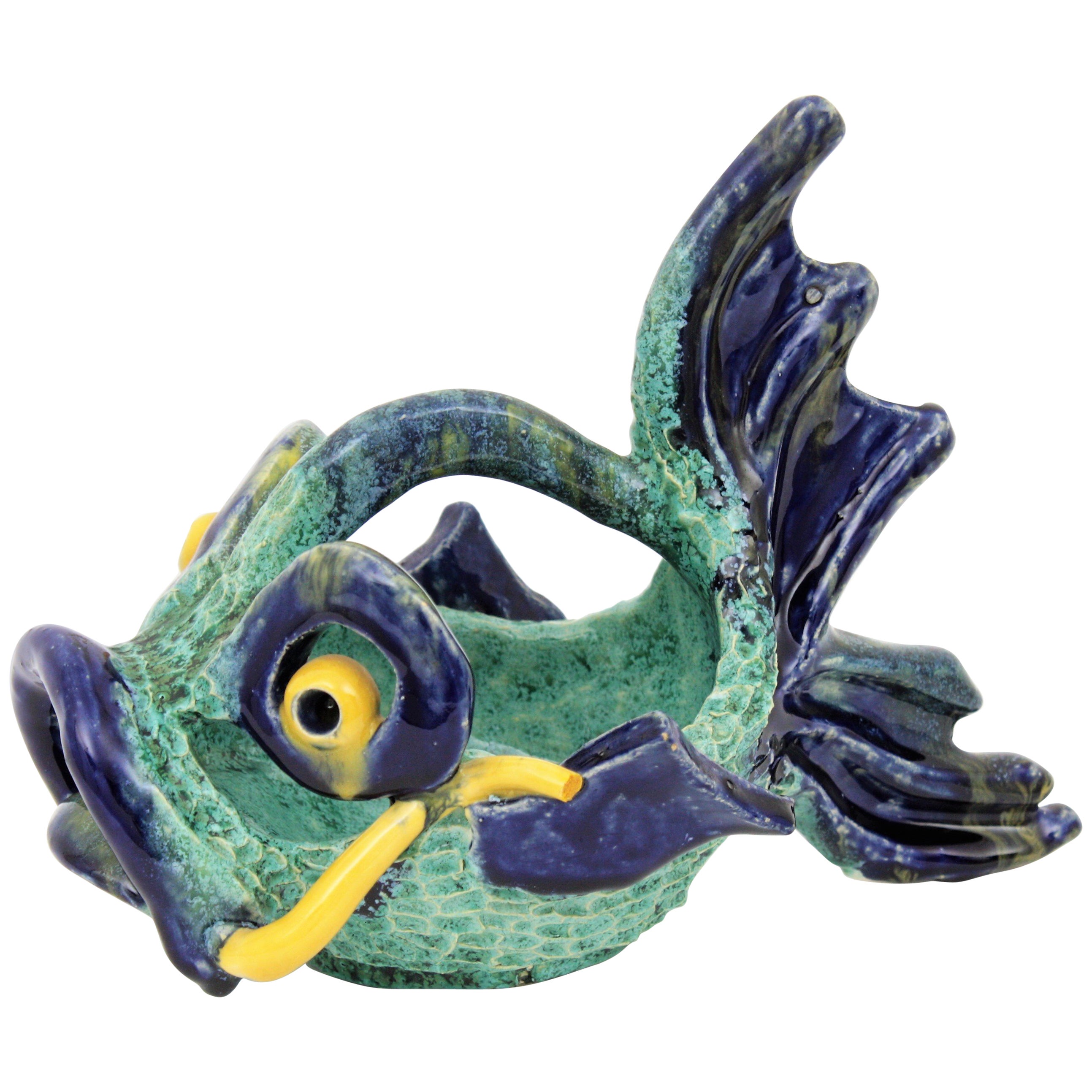 1950s Italian Glazed Ceramic Fish Shaped Bowl Sculpture