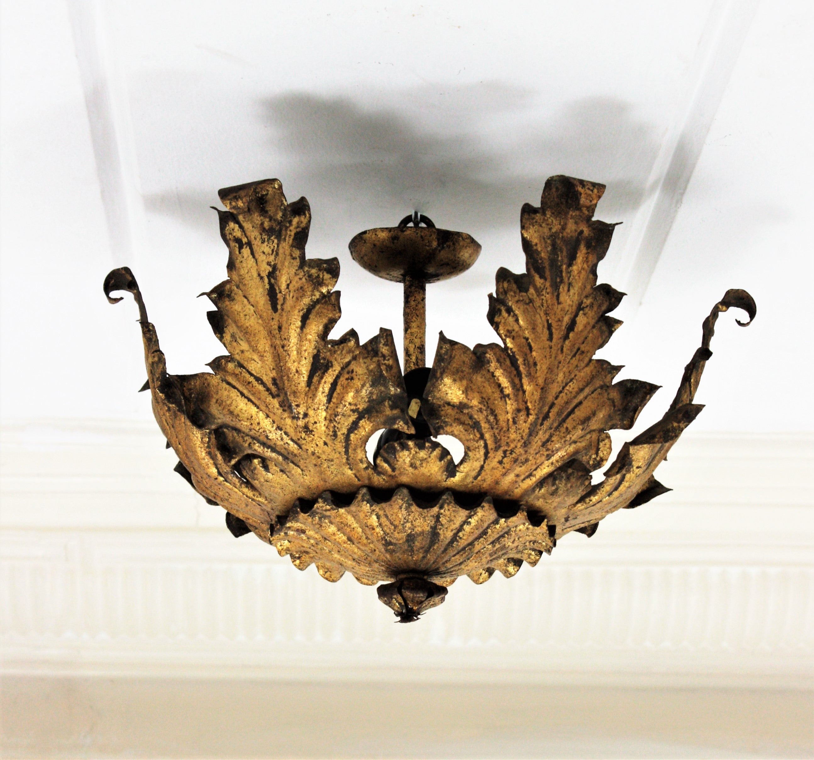 Hollywood Regency Italian Sunburst Foliage Flush Mount or Pendant in Gilt Metal, 1940s