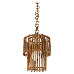 Rattan Cylinder Pendant Hanging Light or Lantern, 1960s