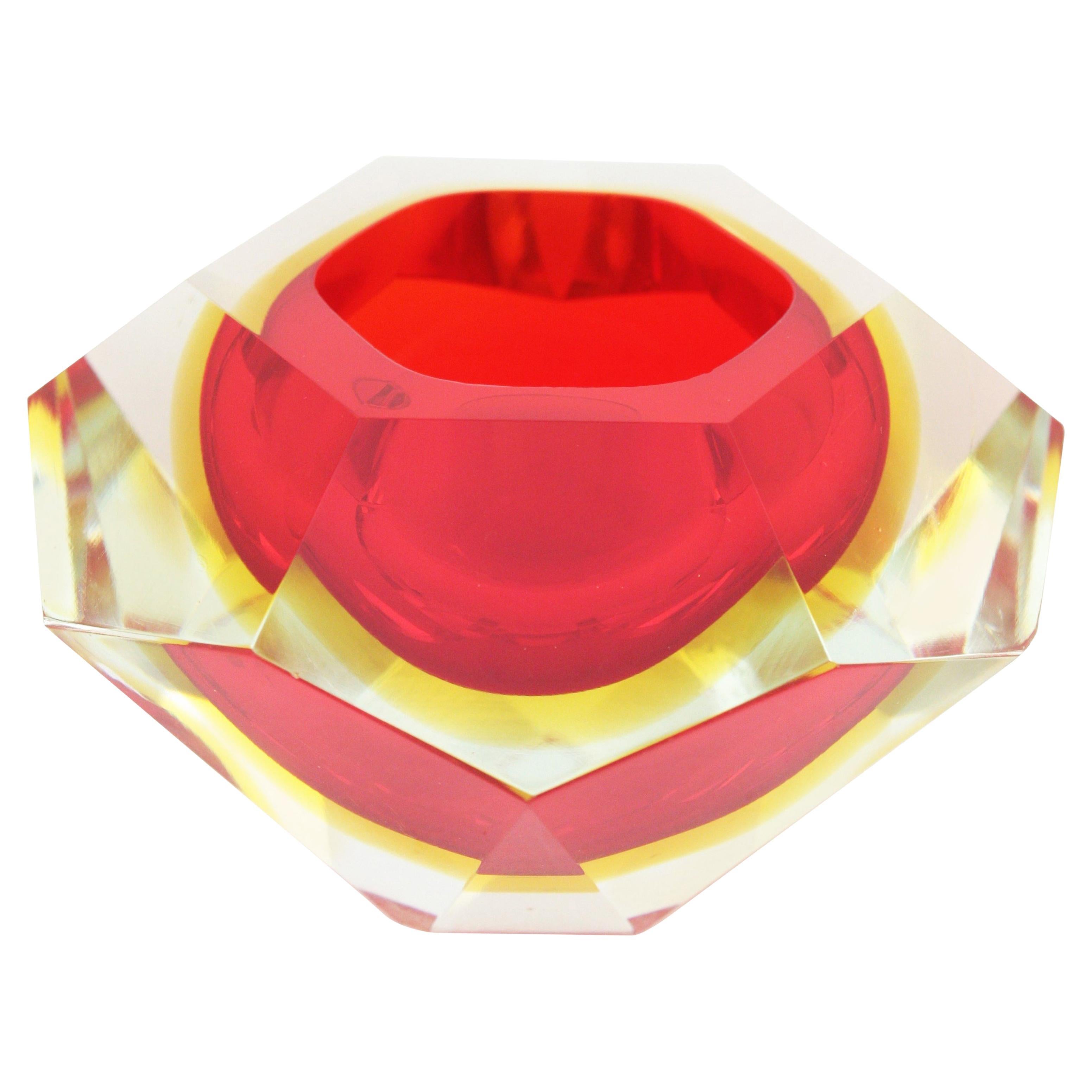 Flavio Poli Murano Red, Yellow and Clear Faceted Glass Diamond Bowl or Ashtray
