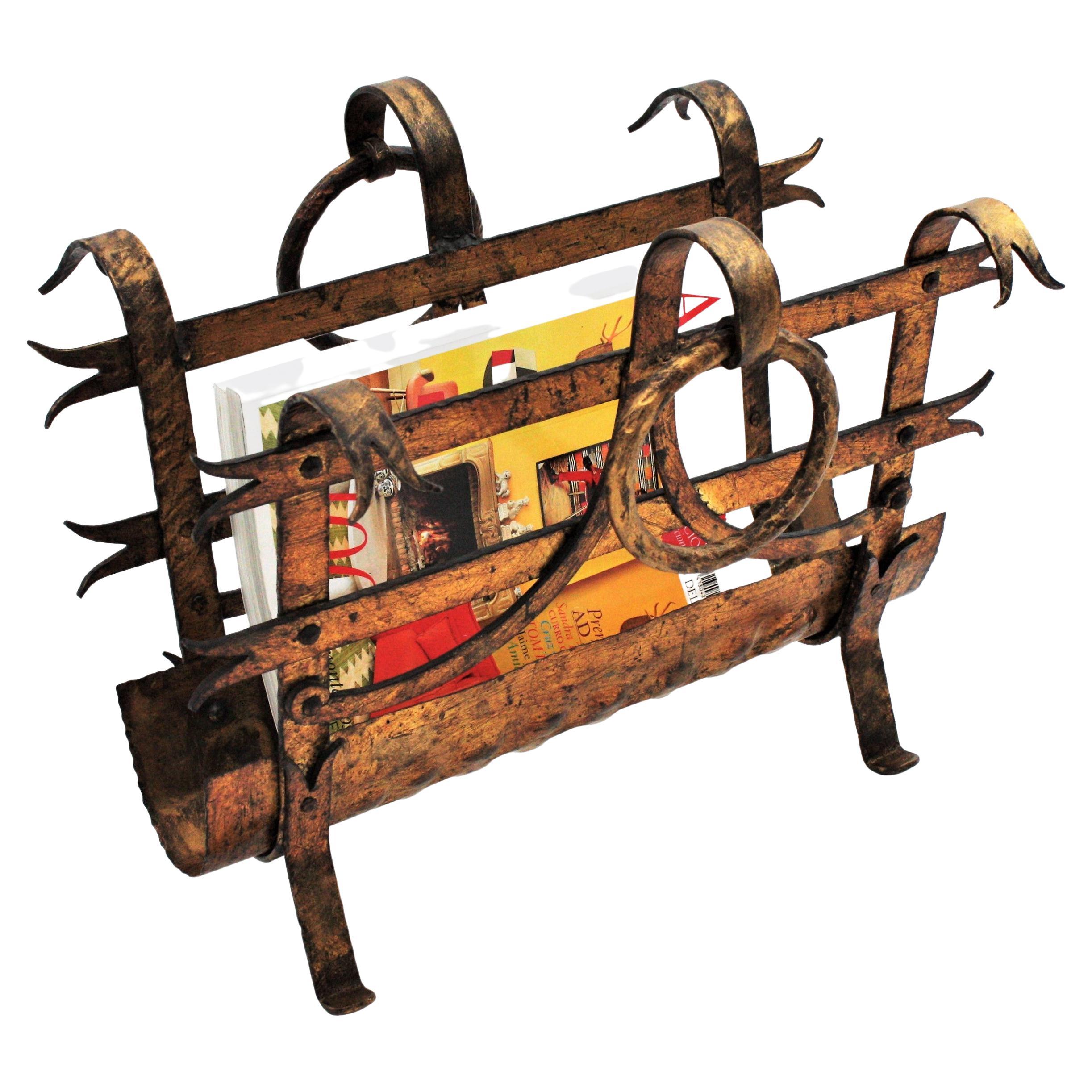 Spanish Magazine Rack with Ring Handles, Gilt Wrought Iron, 1950s For Sale