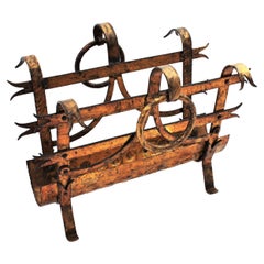 Magazine Rack with Ring Handles, Gilt Wrought Iron, Spain 1950s