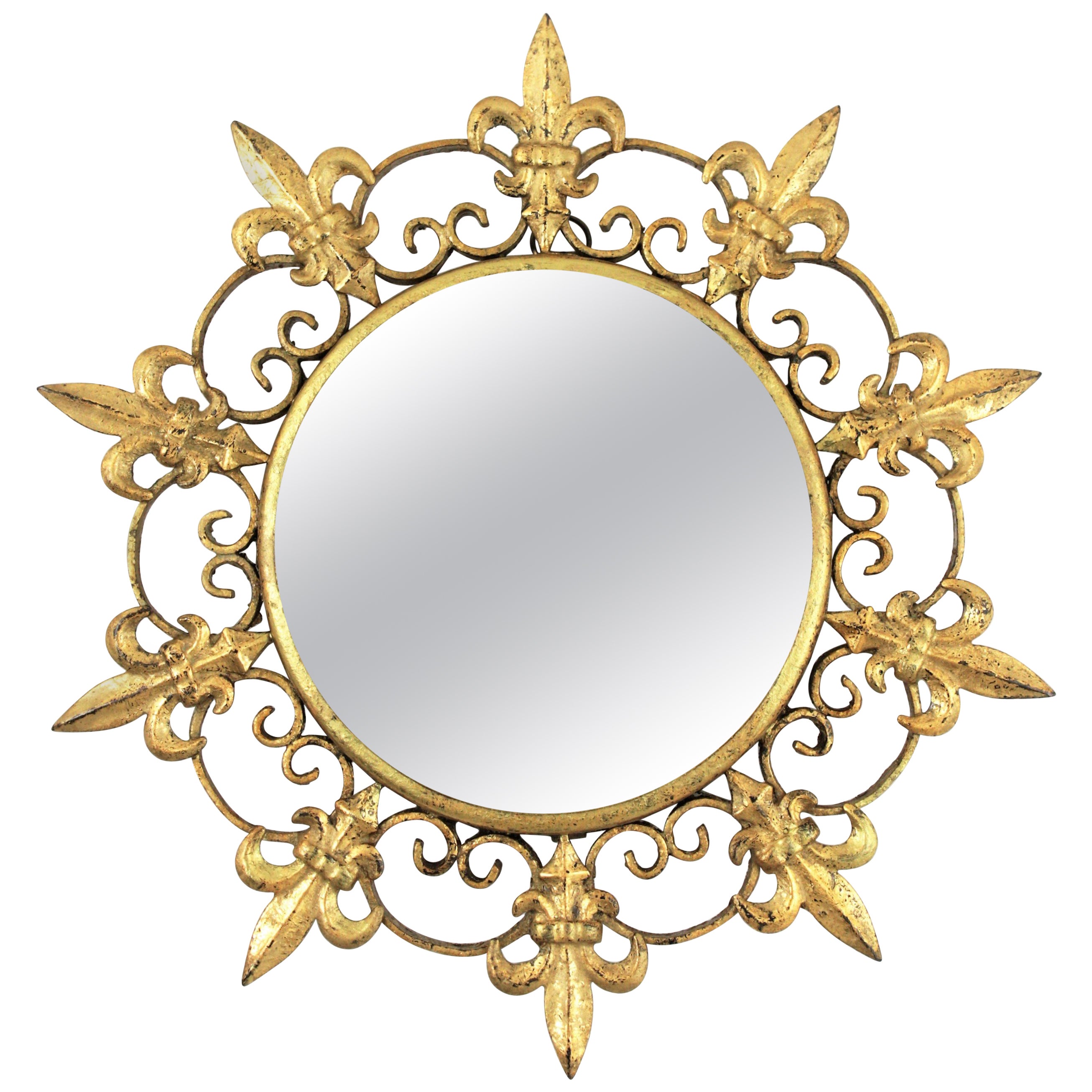 Gilt Sunburst Mirror in Small Scale, Fleur de Lys Design For Sale