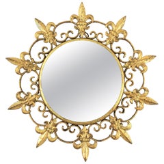 Gilt Sunburst Mirror in Small Scale, Fleur de Lys Design