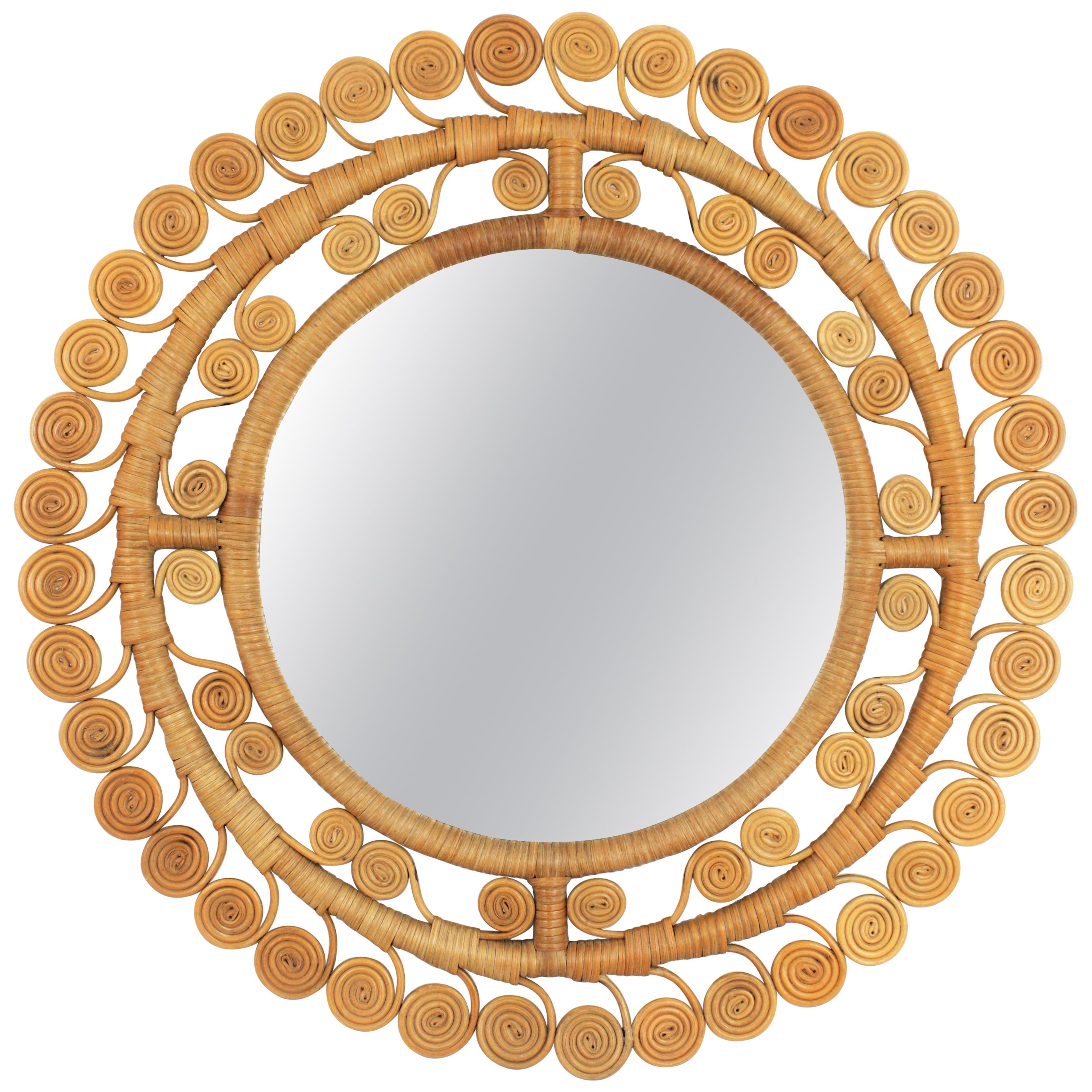 Rattan Round Mirror with Filigree Scrollwork Frame, Spain, 1960s