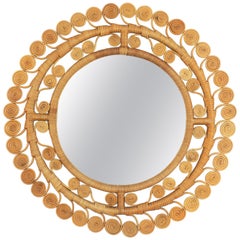 Rattan Round Mirror with Filigree Scrollwork Frame, Spain, 1960s