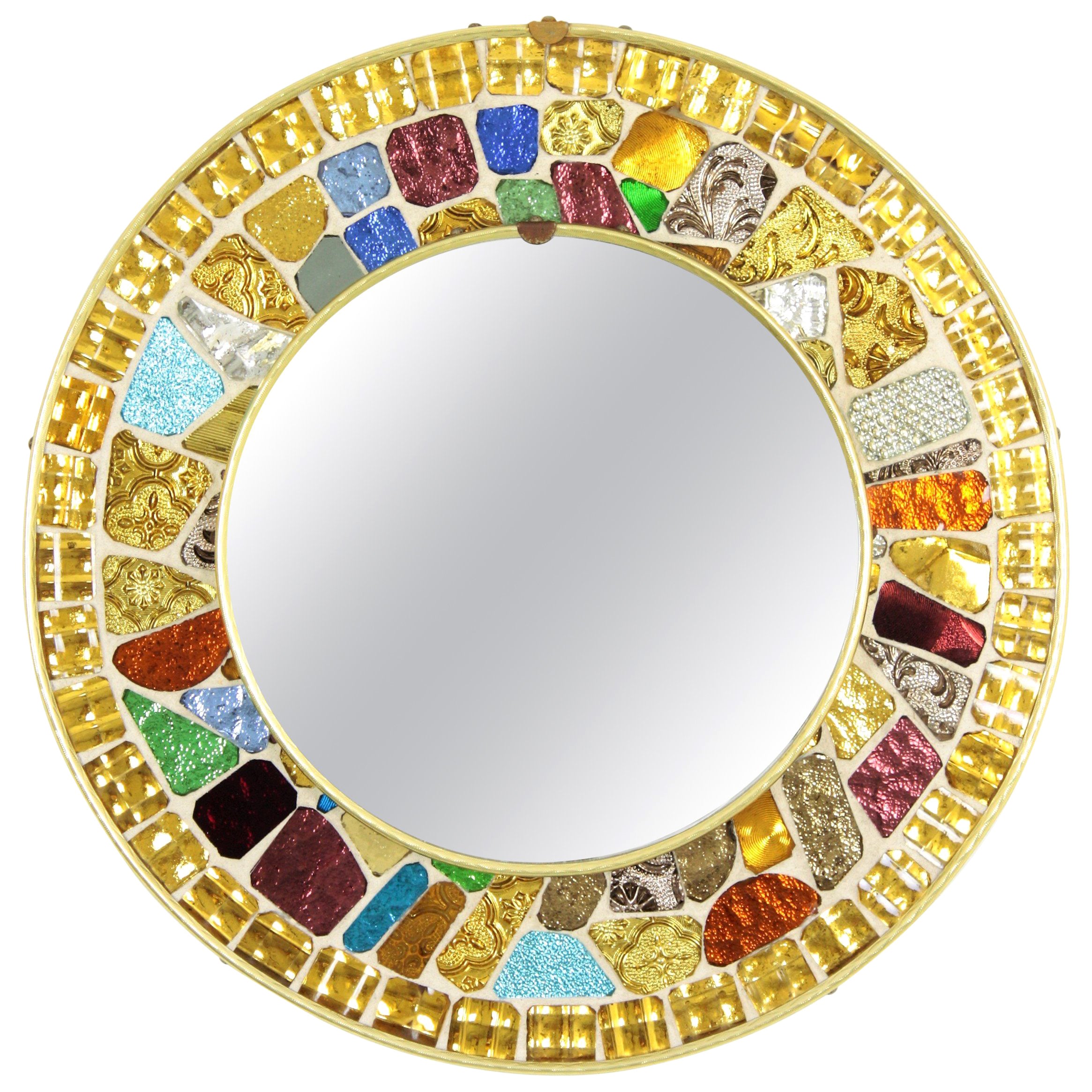 Runder Spiegel aus der Mitte des Jahrhunderts mit Mosaikrahmen aus mehrfarbigem Glas, 1960er Jahre im Angebot