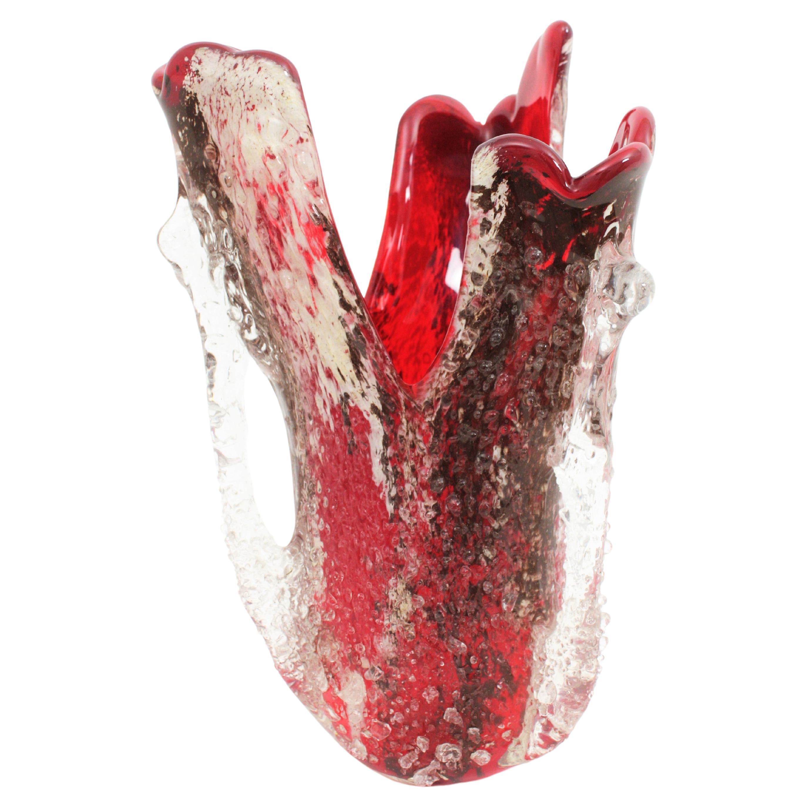 Murano Free form Vase in Red and Clear Macette Art Glass, 1950s For Sale