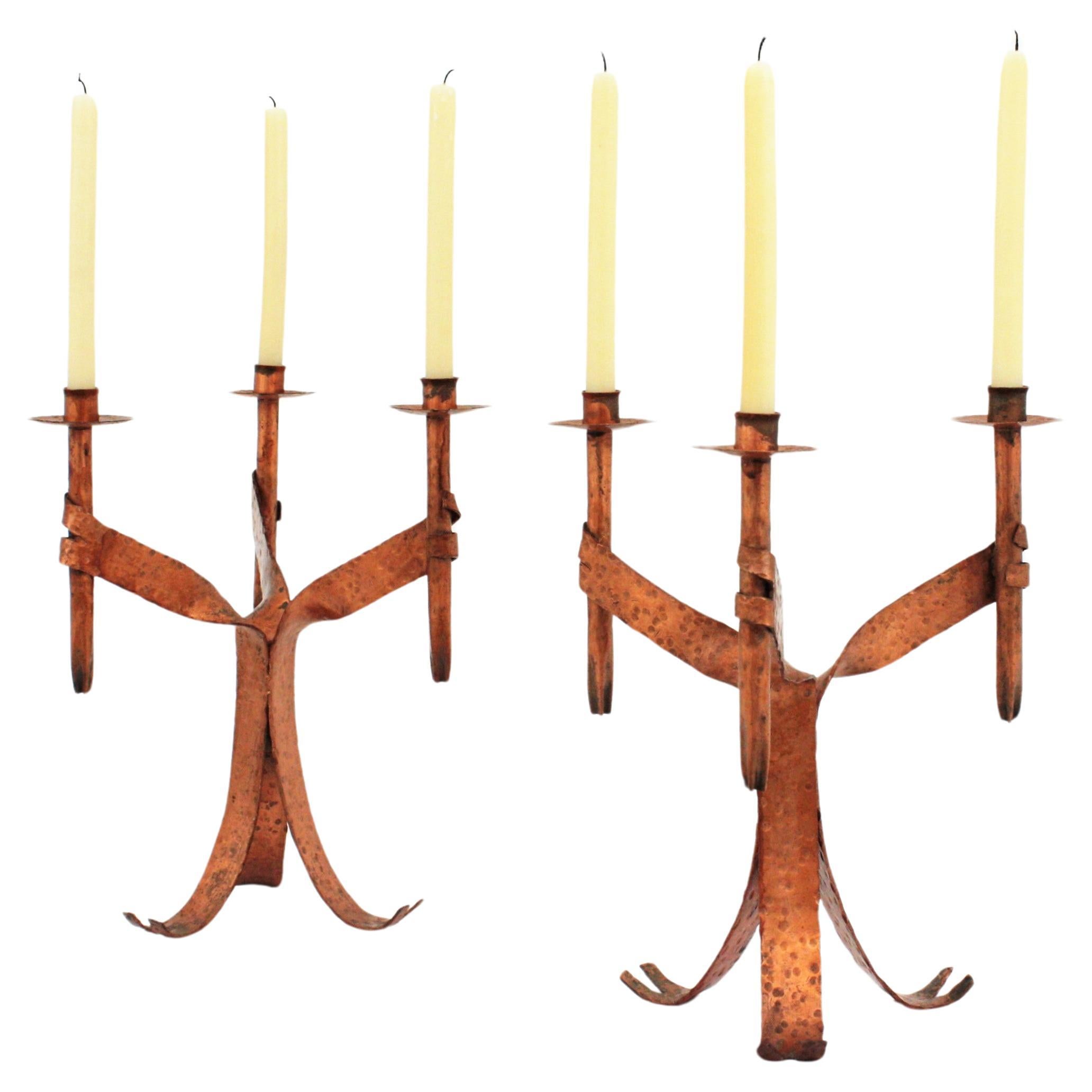 Pair of Candleholders in Coppered Wrought Iron, Gothic Revival