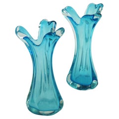 Vintage Pair of Archimede Seguso Blue Murano Art Glass Vases