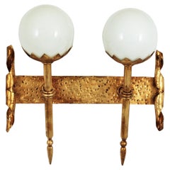 Spanish Gothic Style Two Torch Wall Light in Gilt Iron with Milk Glass Globes