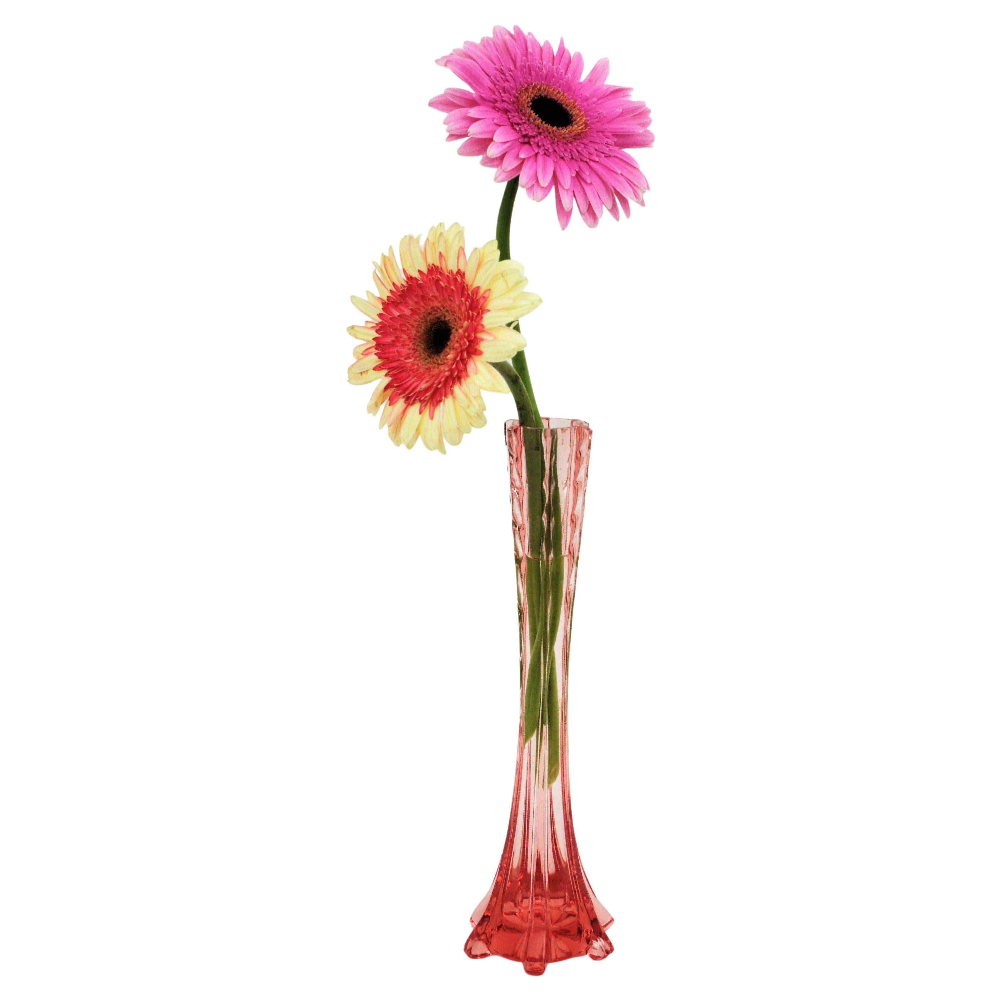 French Art Deco Blown Glass Pink Amberina Single Flower Vase For Sale