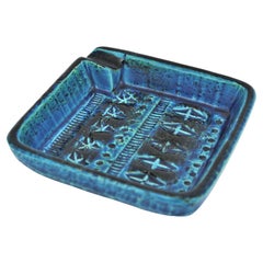 Vintage Bitossi Aldo Londi Rimini Blue Glazed Ceramic Square Ashtray, Italy, 1960s