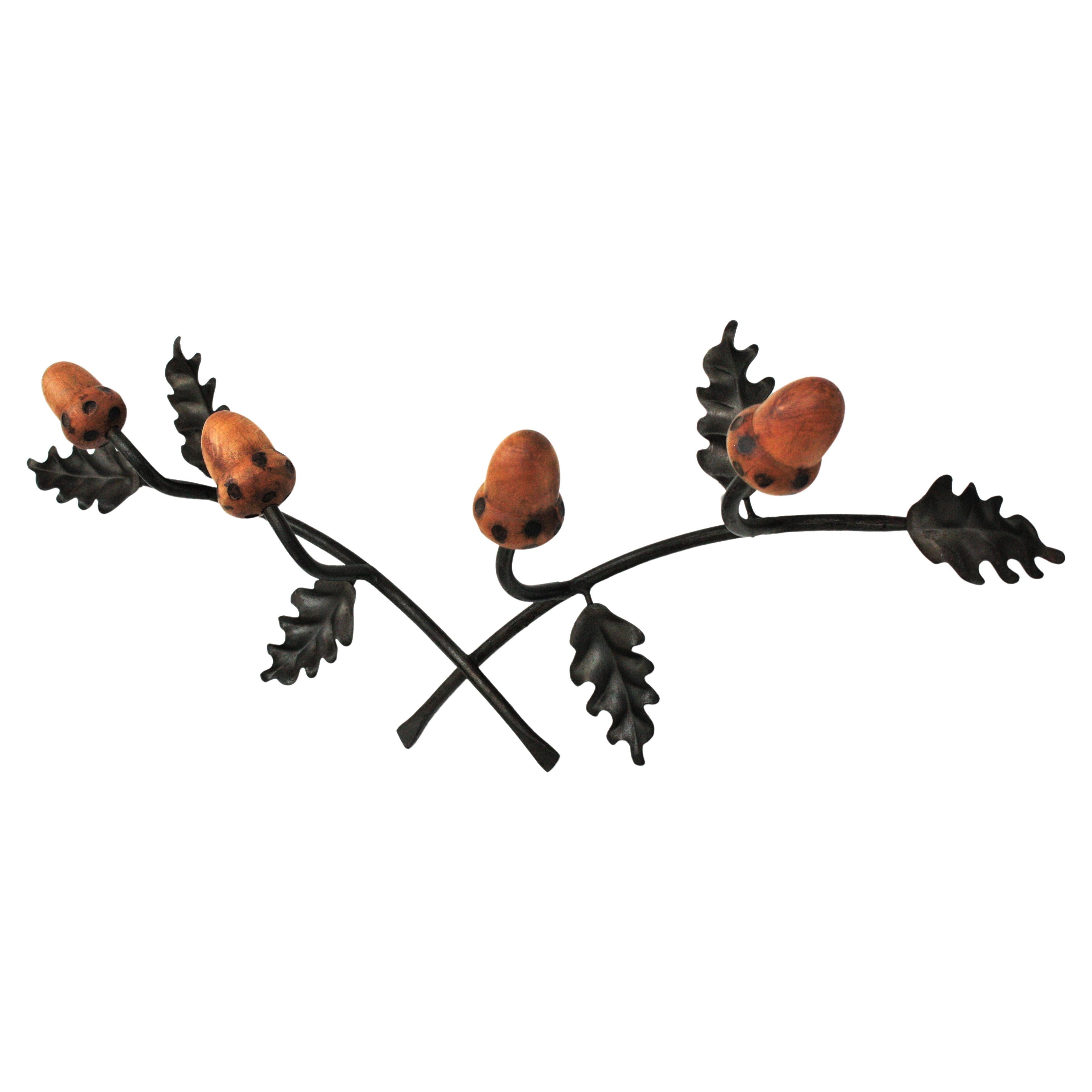 Wall Coat Rack with Black Forest Oak Leaf and Acorn Design, 1960s For Sale