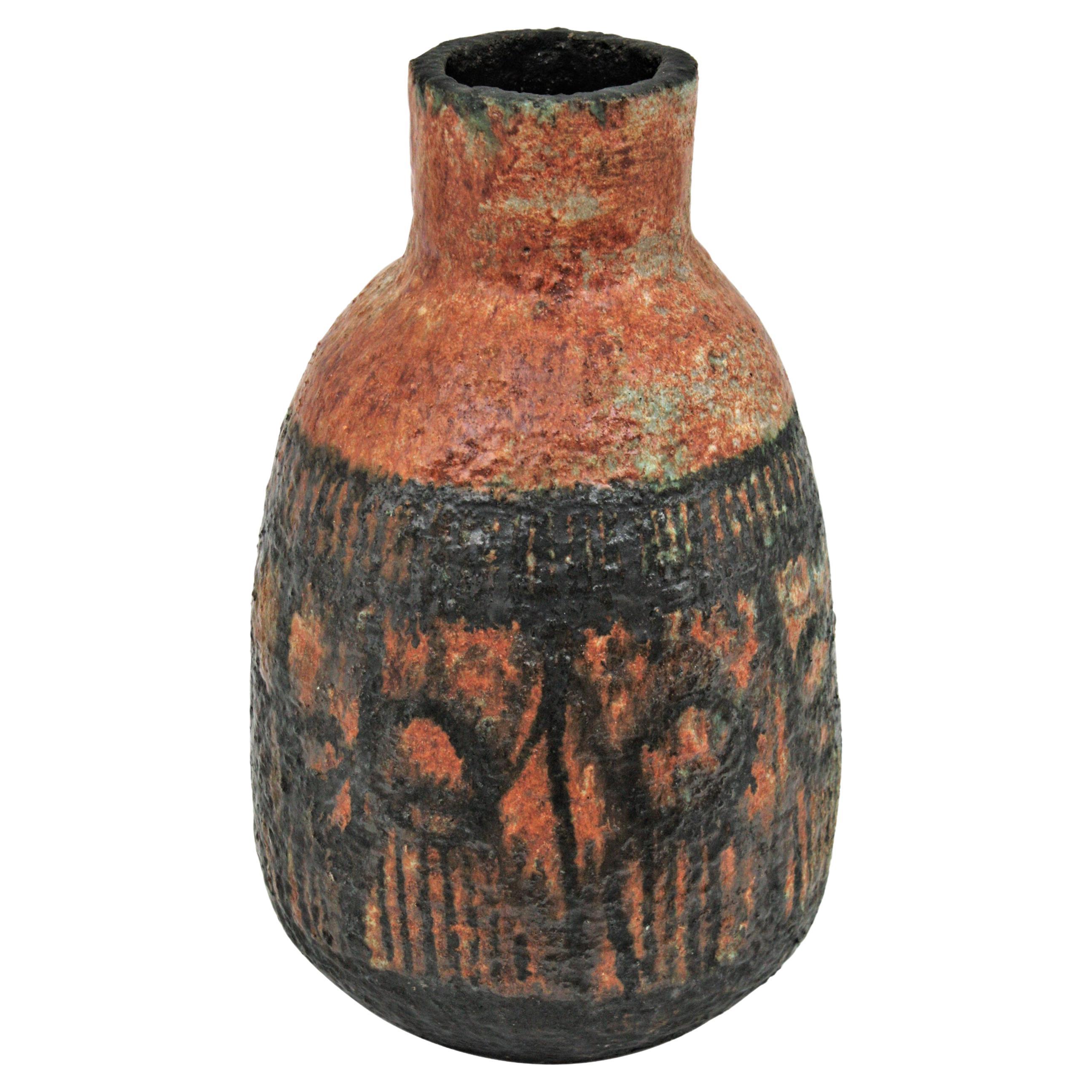 Glazed Terracotta Oversized Vase with Black Abstract Decoration For Sale