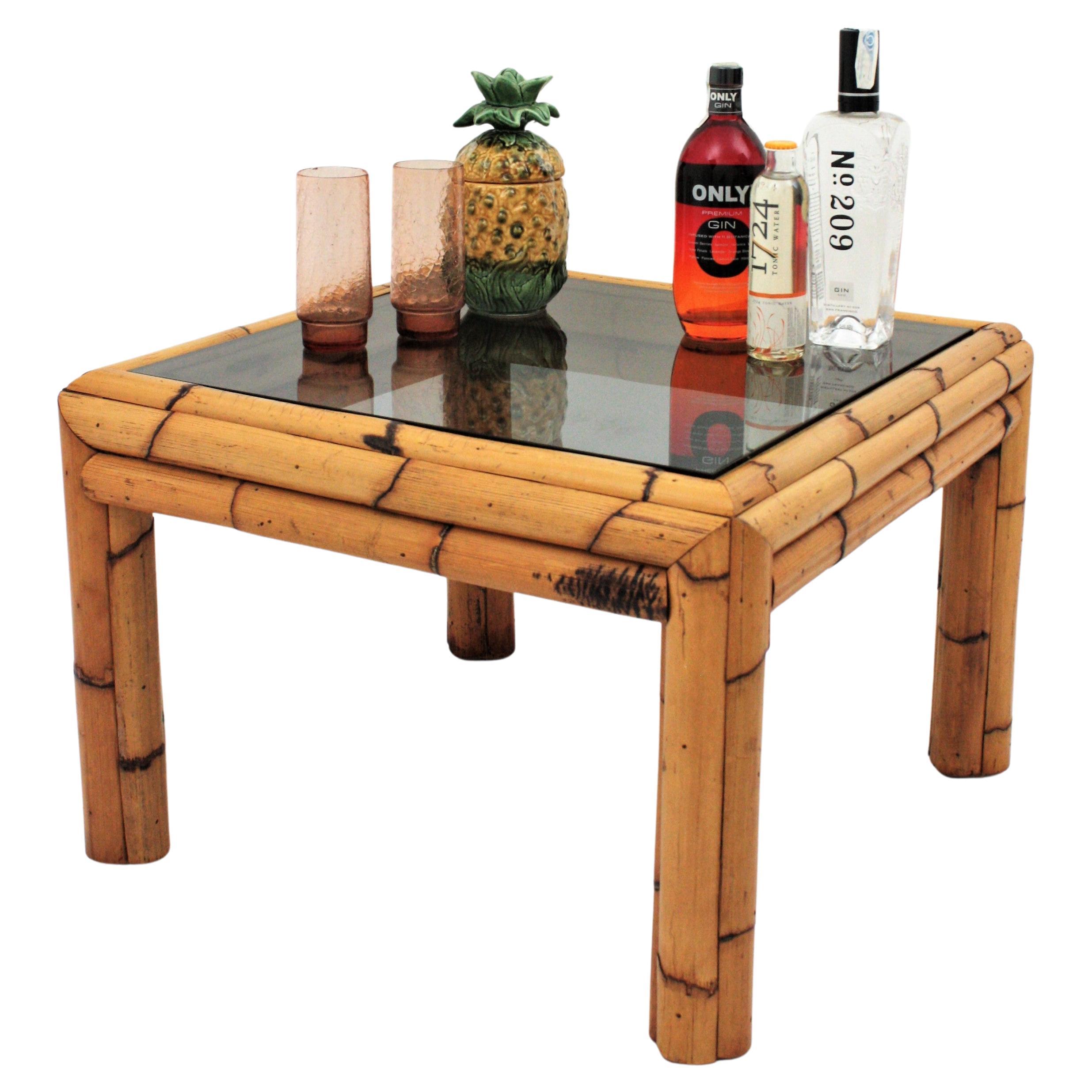 Bamboo Coffee Table with Smoked Glass Top For Sale