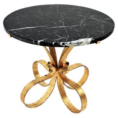 Round Coffee Table with Loop Base, Black Marble and Gilt Iron