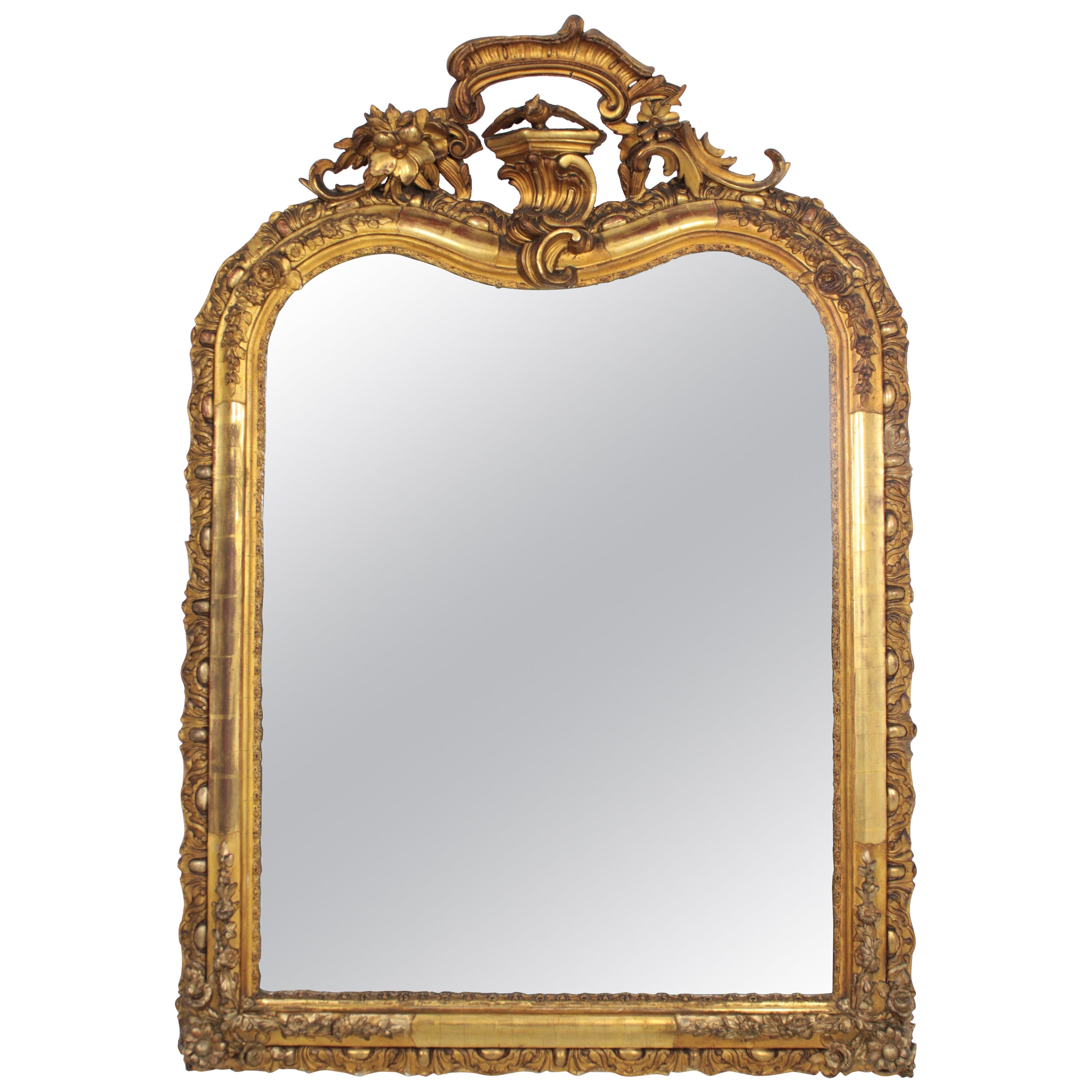 French Louis XV Carved Giltwood Mirror with Crest For Sale
