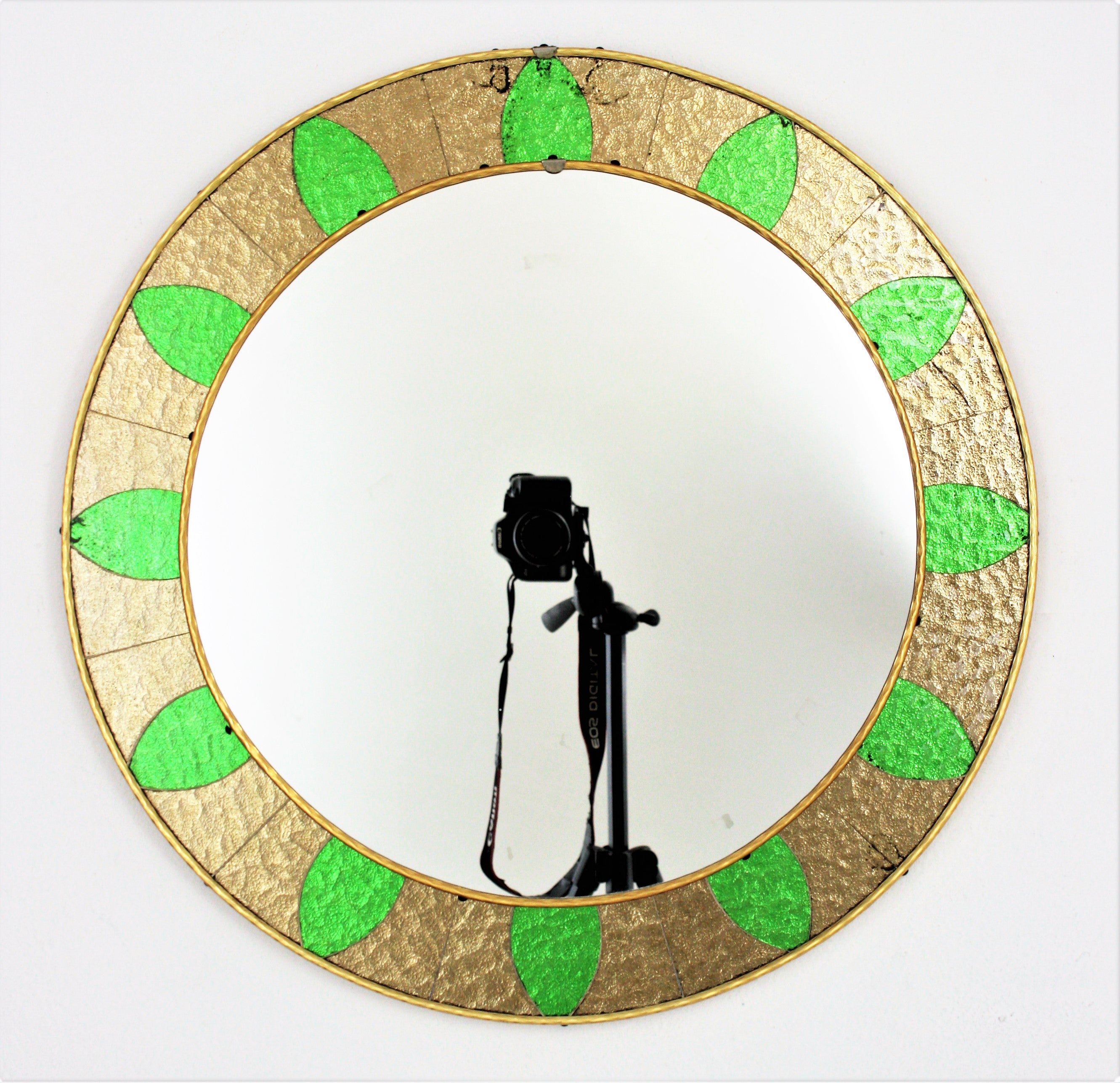 Mid-Century Modern Round Wall Mirror with Sunburst Bronze Green Glass Mosaic Frame, 1960s For Sale