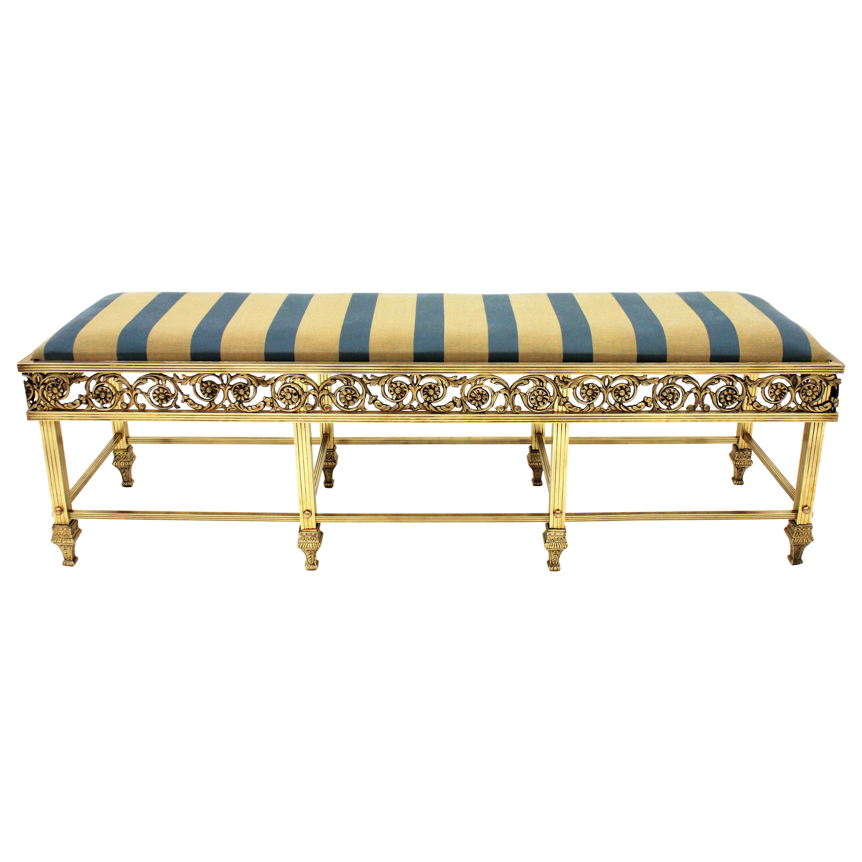 Art Deco French Brass Long Bench Upholstered in Striped Silk Fabric, 1940s For Sale