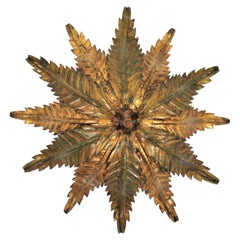 Spanish Sunburst Foliage Flush Mount Light Fixture in Gilt Wrought Iron