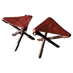 Pair of Folding Tripod Stools in Oakwood and Leather