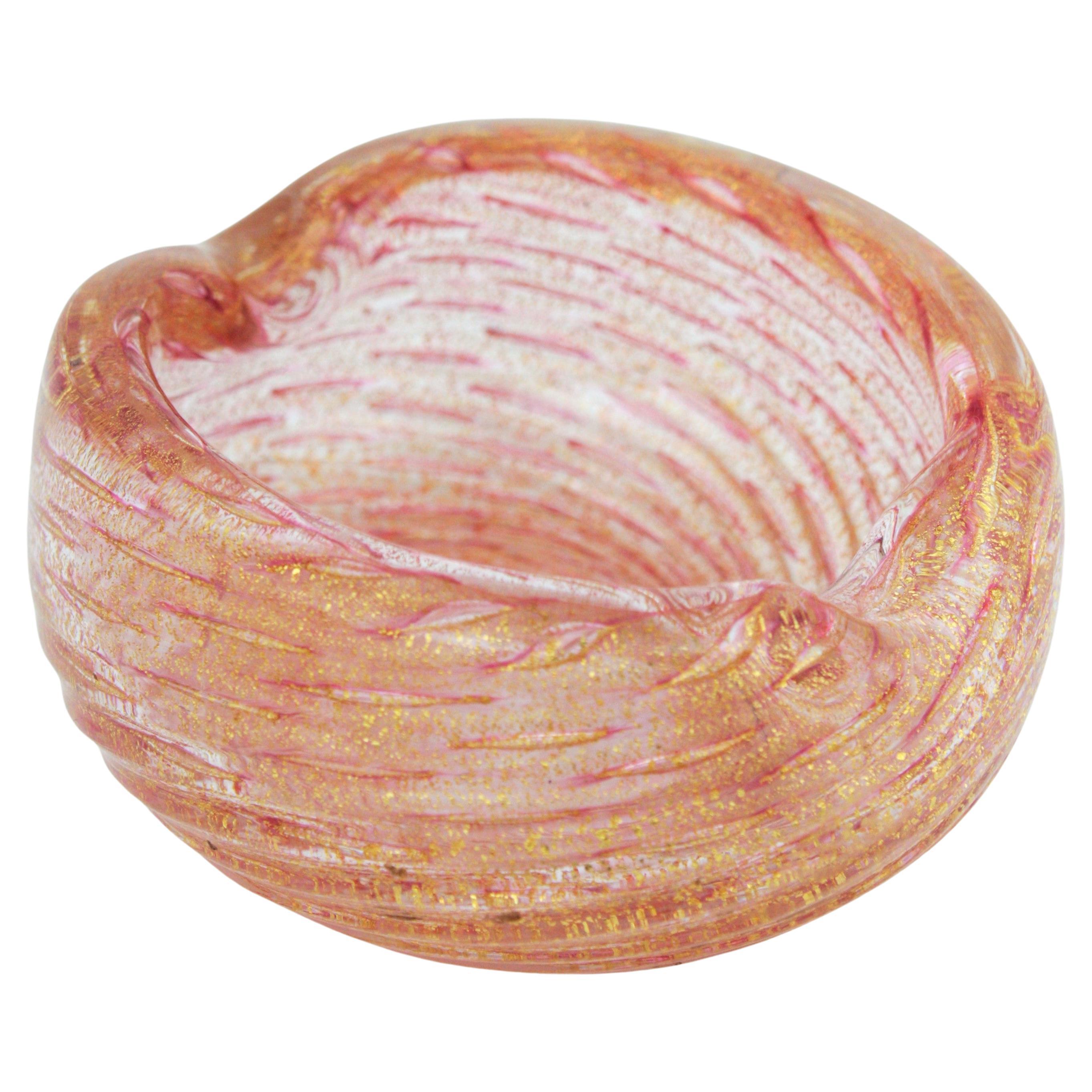 Barovier Toso Murano Pink Gold Flecks Swirl Art Glass Bowl or Ashtray  For Sale