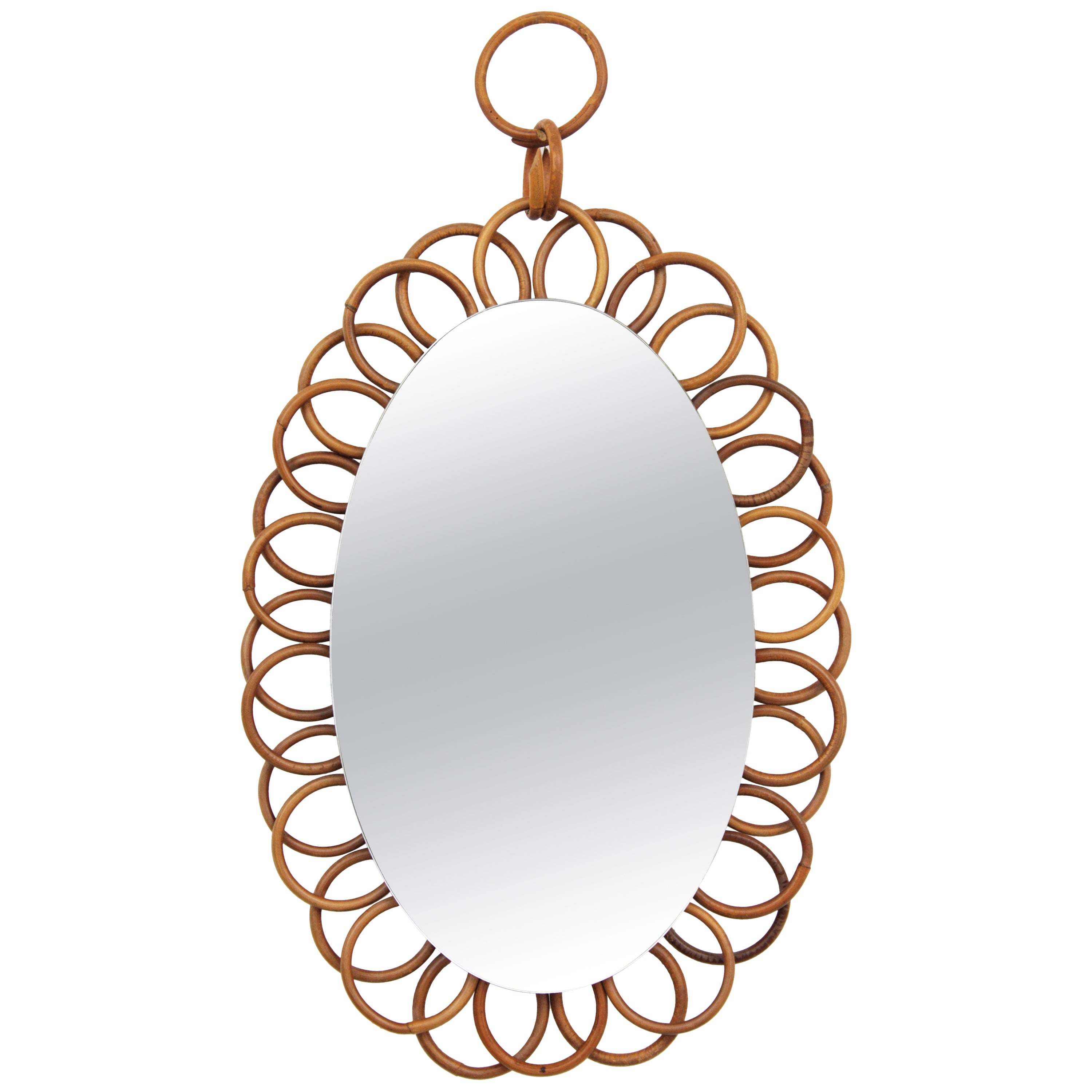 French Rattan Oval Shaped Hanging Mirror For Sale