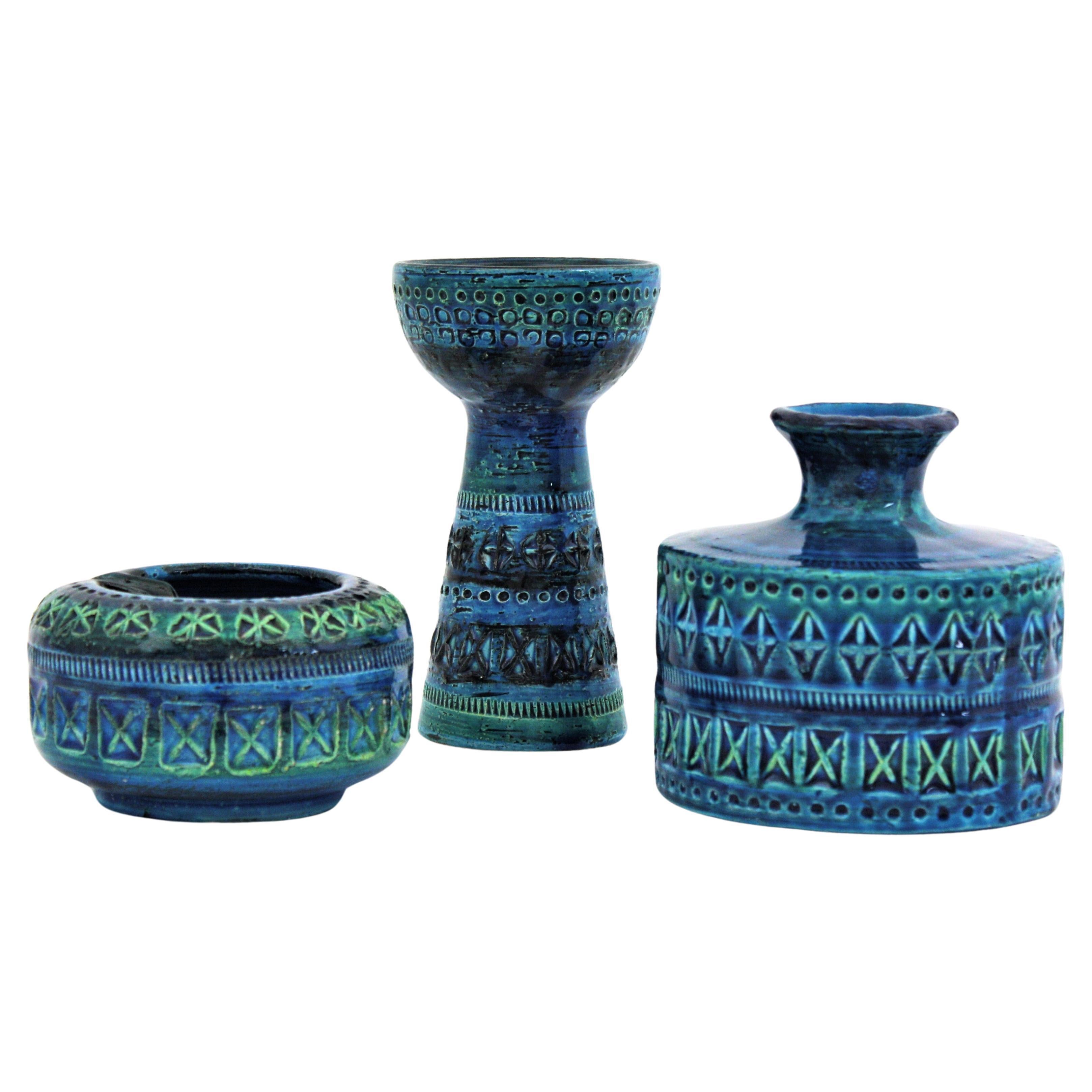 Ensemble de vase, cendrier et bougeoir en céramique bleue Bitossi Aldo Londi pour Rimini en vente